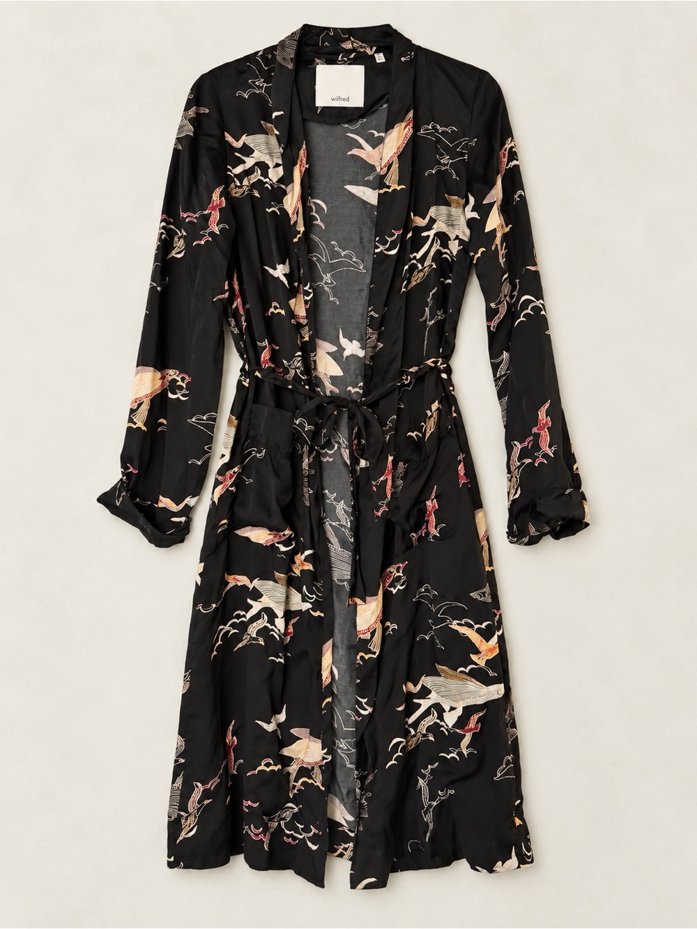 Wilfred Black Satin Floral & Bird Print Robe kimono